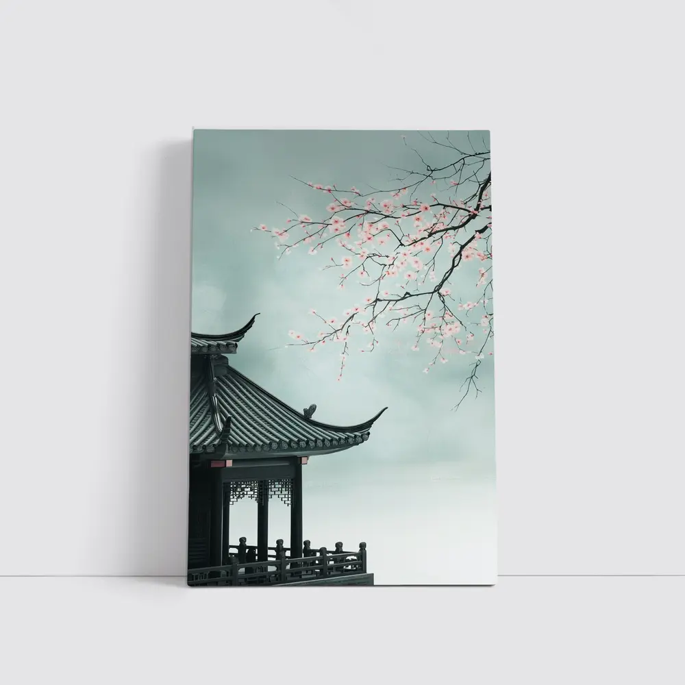 Chinese Pagoda Cherry Blossoms Misty Sky – Wall Art