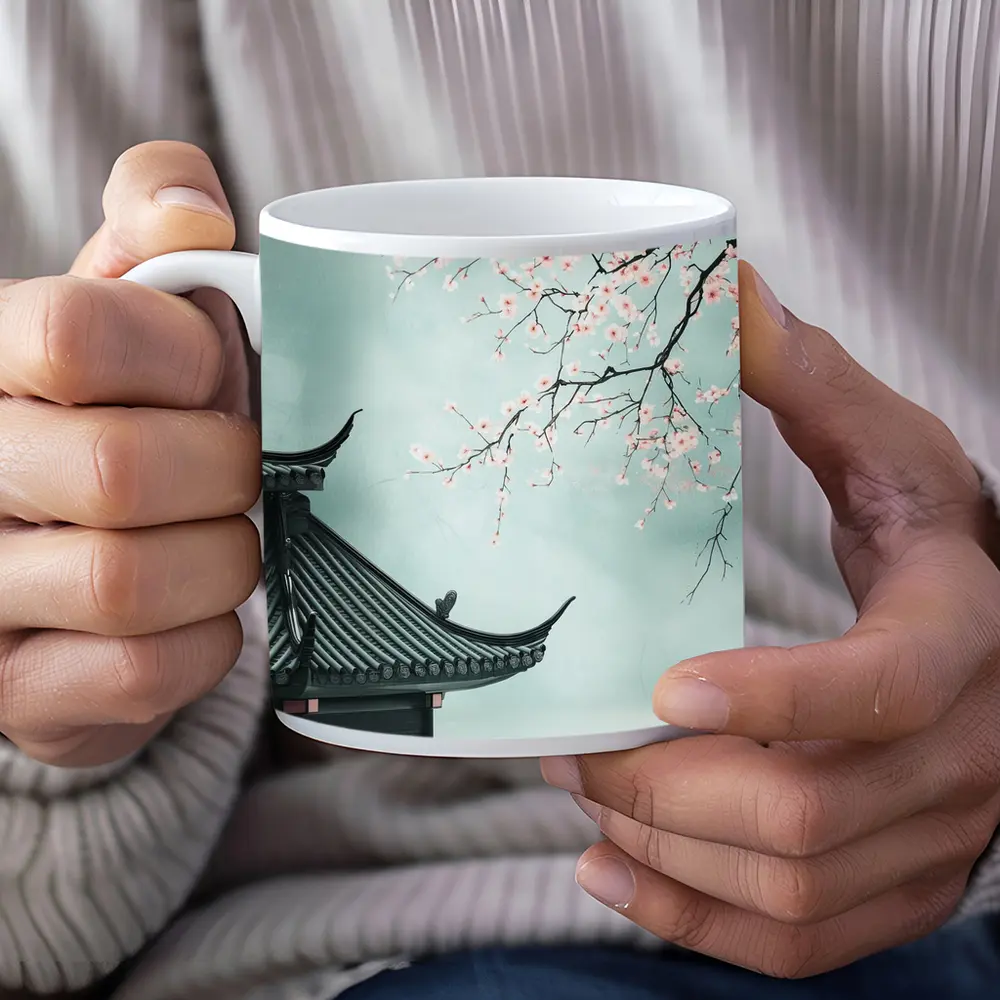 Chinese Pagoda Cherry Blossoms Misty Sky – Mugs