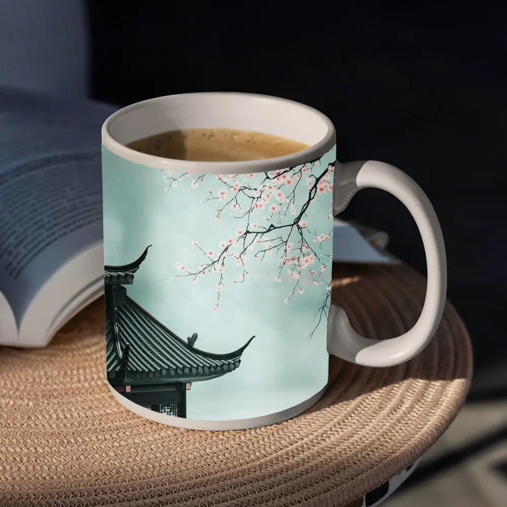 Chinese Pagoda Cherry Blossoms Misty Sky – Mugs