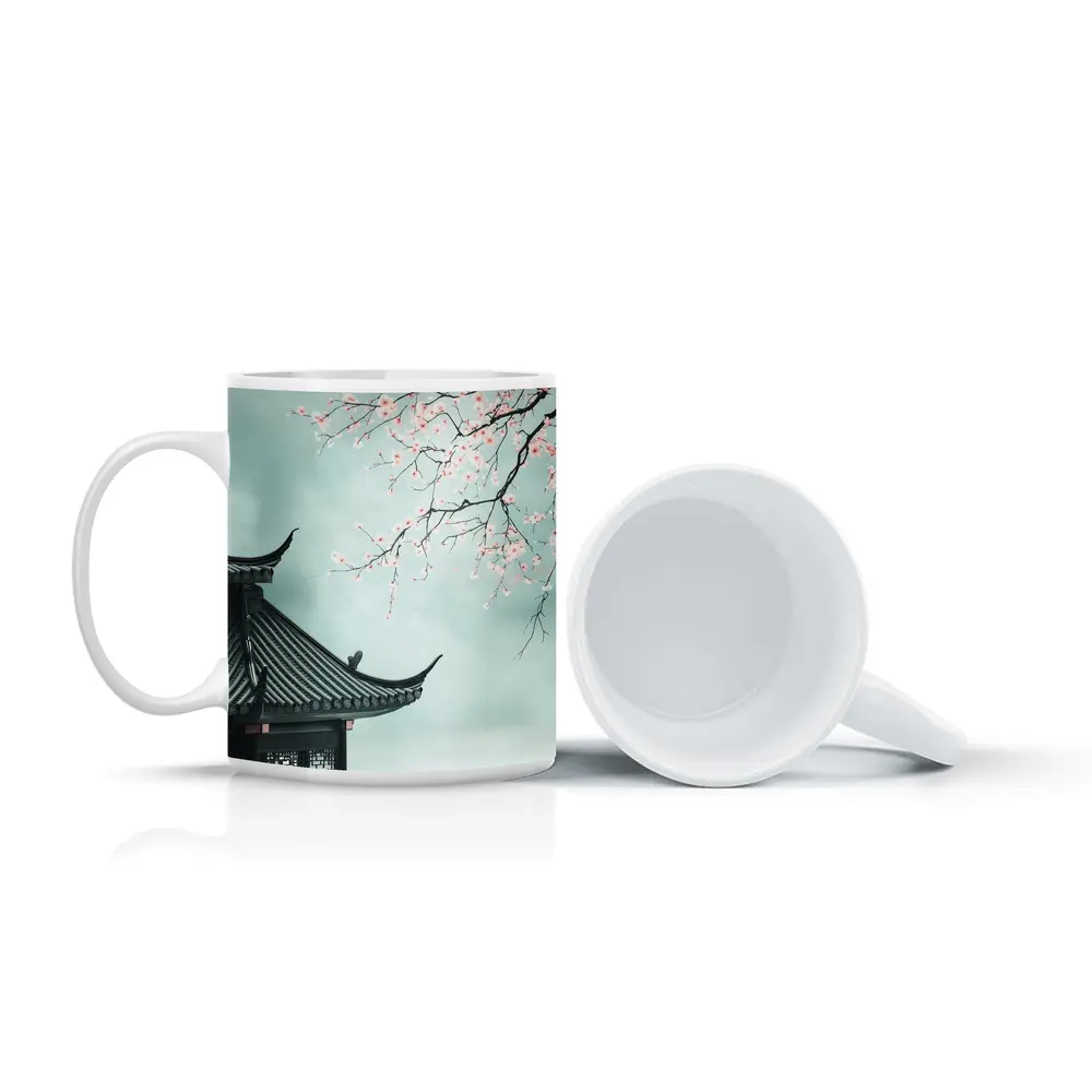 Chinese Pagoda Cherry Blossoms Misty Sky – Mugs