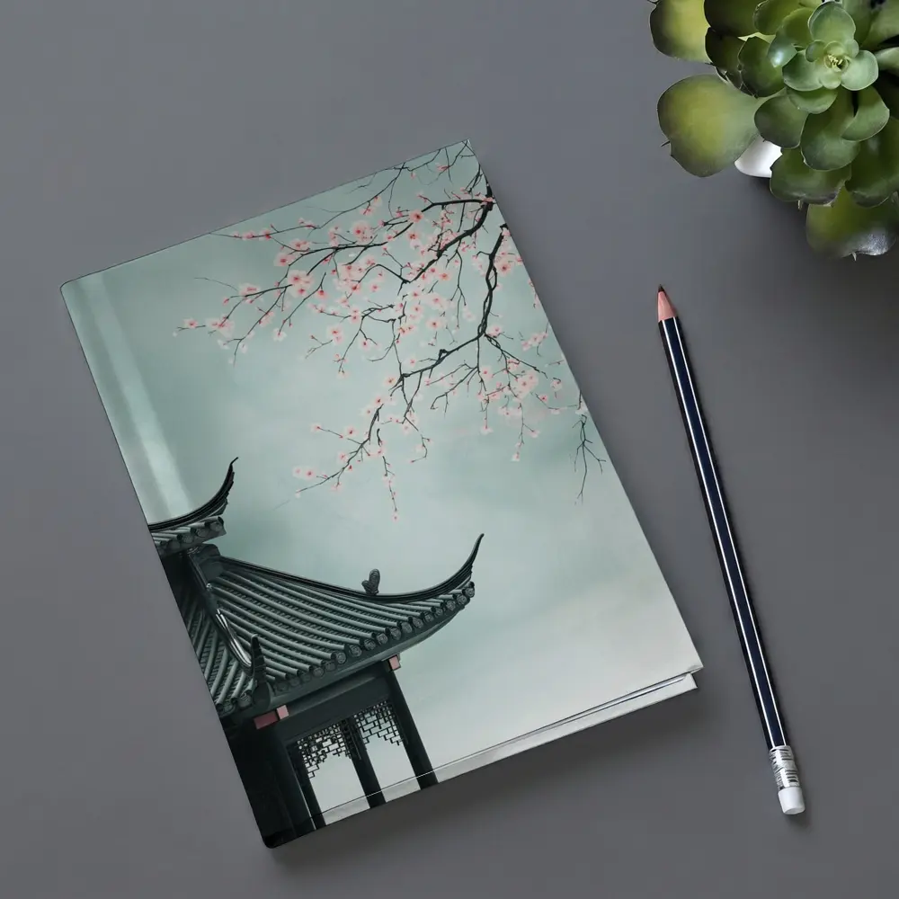 Chinese Pagoda Cherry Blossoms Misty Sky – Notebooks