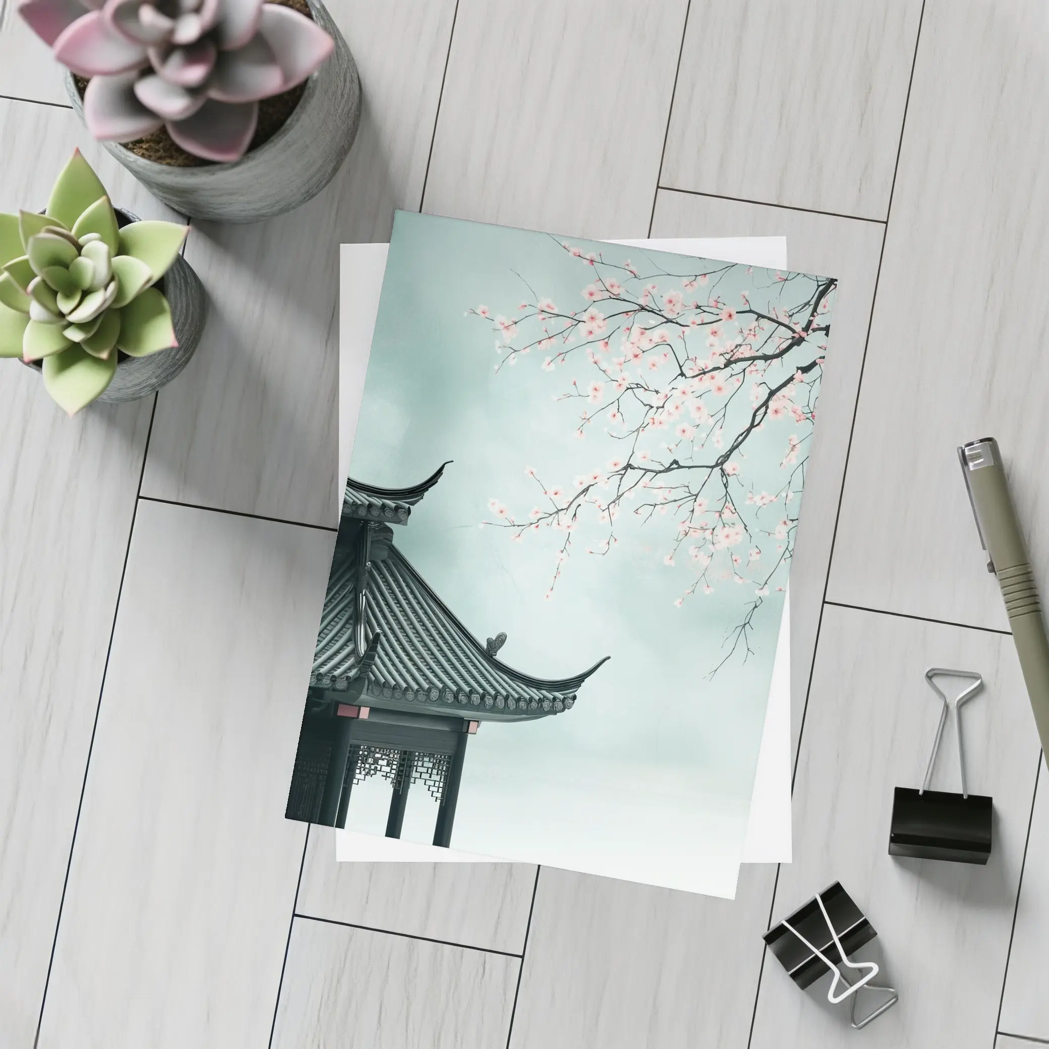 Chinese Pagoda Cherry Blossoms Misty Sky – Postcards