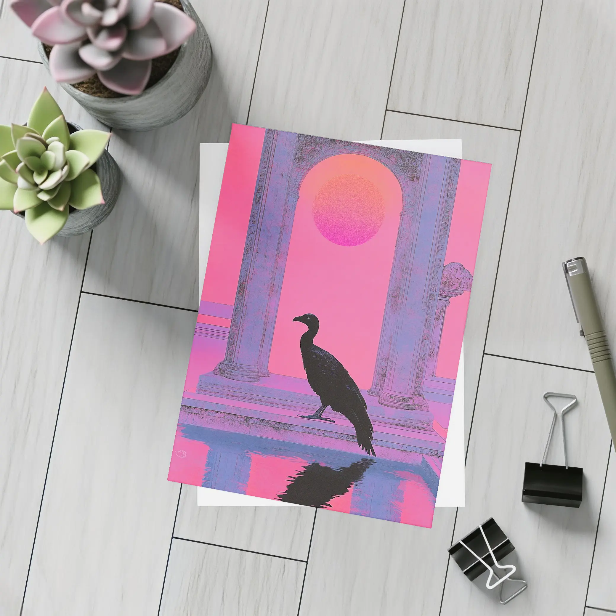 Black Vulture Silhouette Pink Neon Arch – Postcards