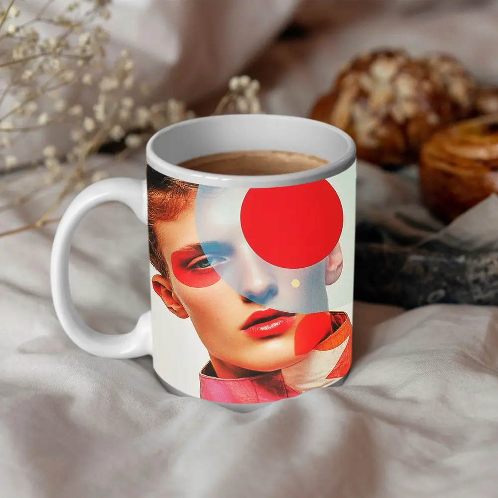 Fashion Portrait Collage Art Red Geometric – Mugs