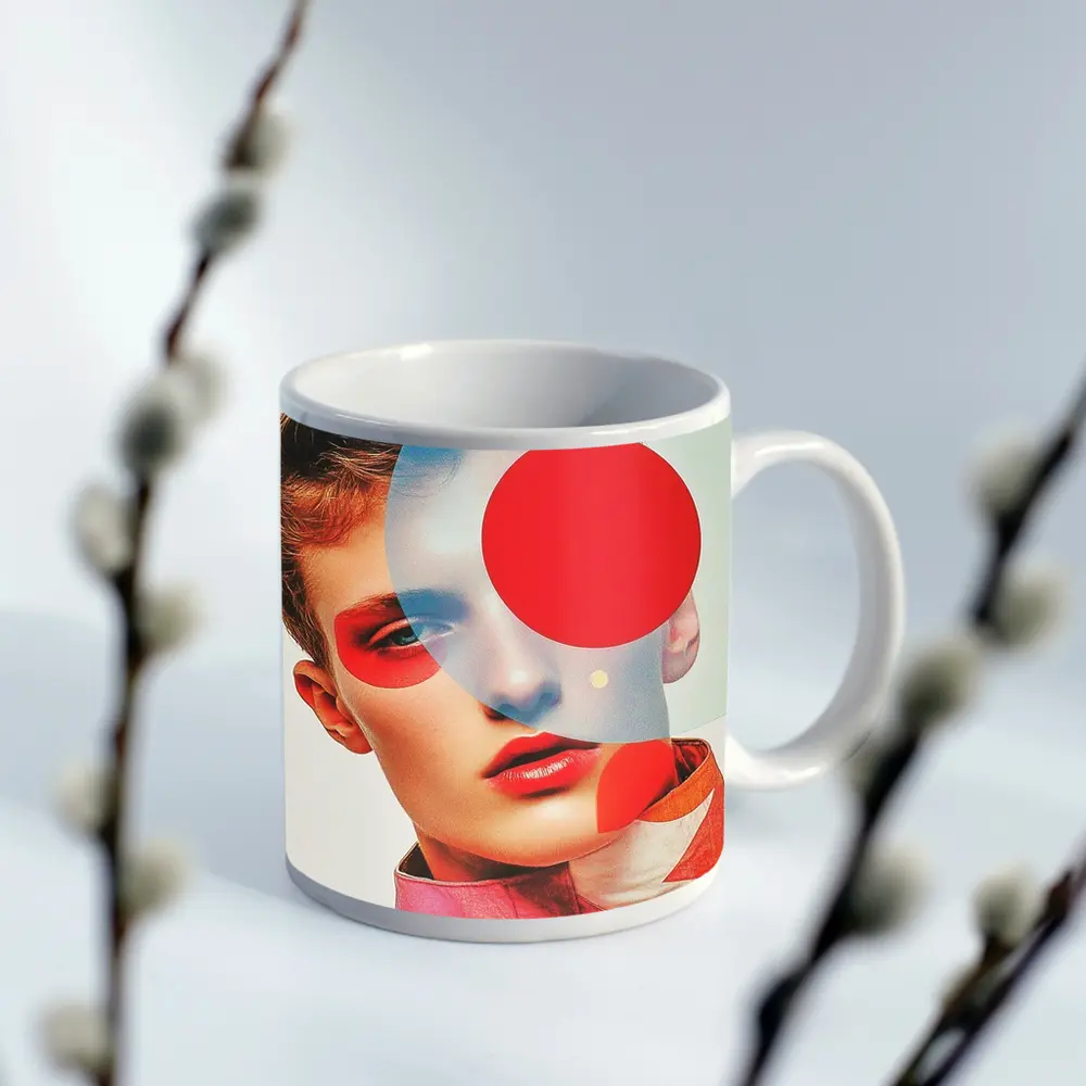 Fashion Portrait Collage Art Red Geometric – Mugs