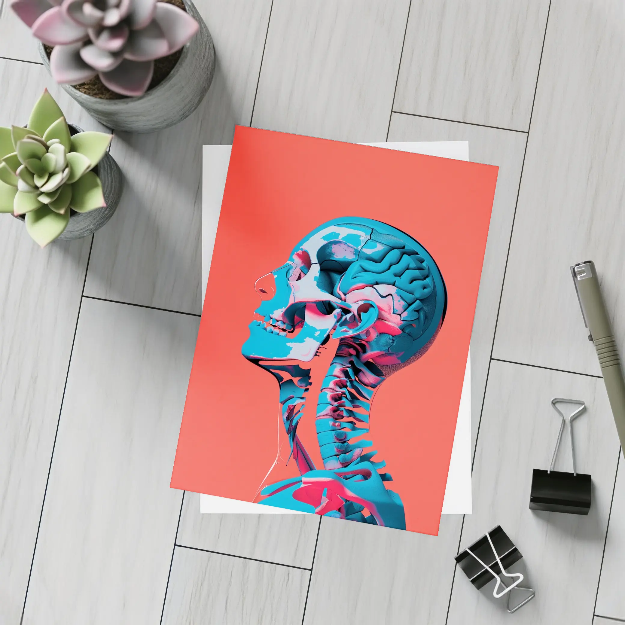 Human Skull Brain Anatomy Red Background – Postcards