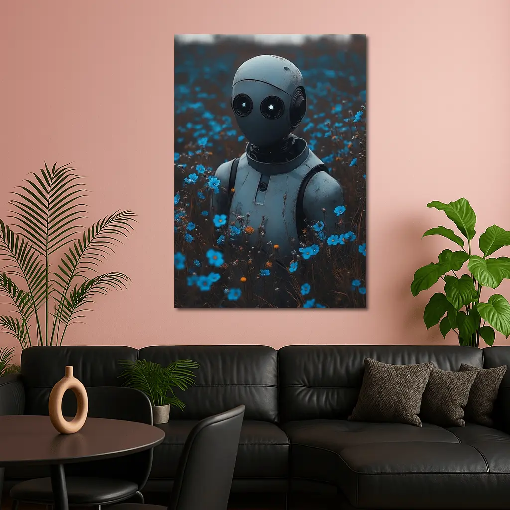 Lonely Robot Standing in Blue Flower Field – Wall Art