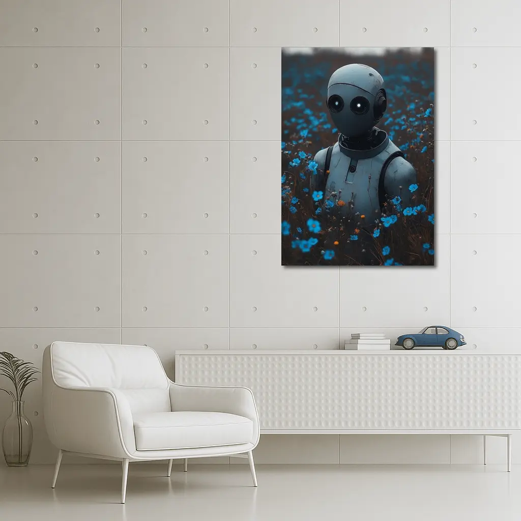Lonely Robot Standing in Blue Flower Field – Wall Art