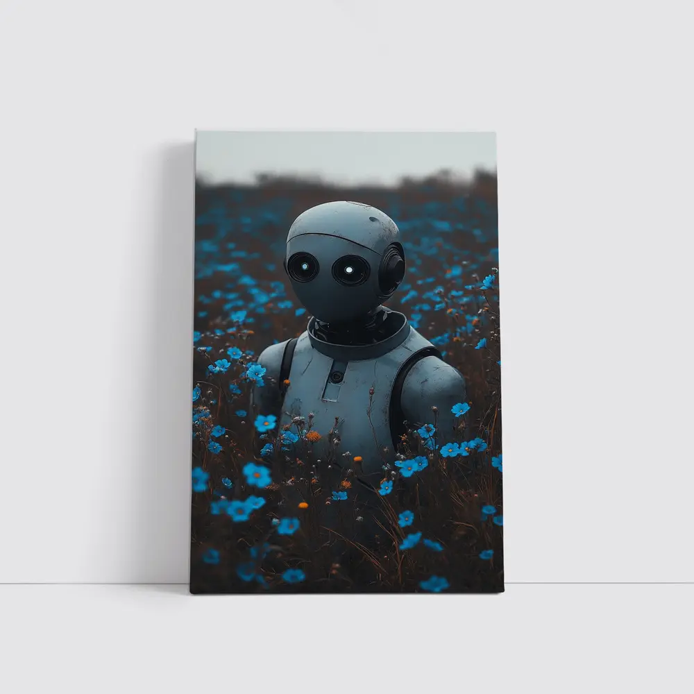 Lonely Robot Standing in Blue Flower Field – Wall Art