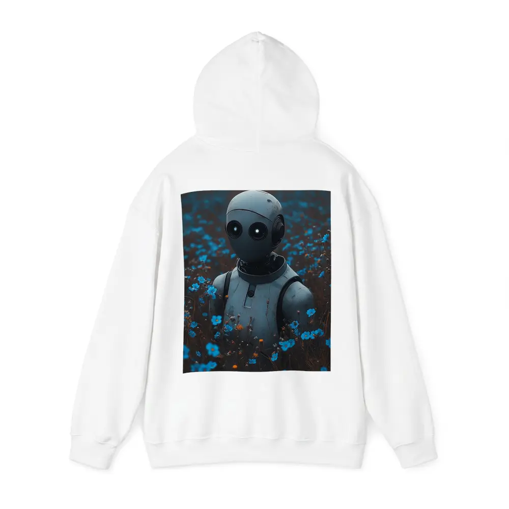 Lonely Robot Standing in Blue Flower Field – Hoodies