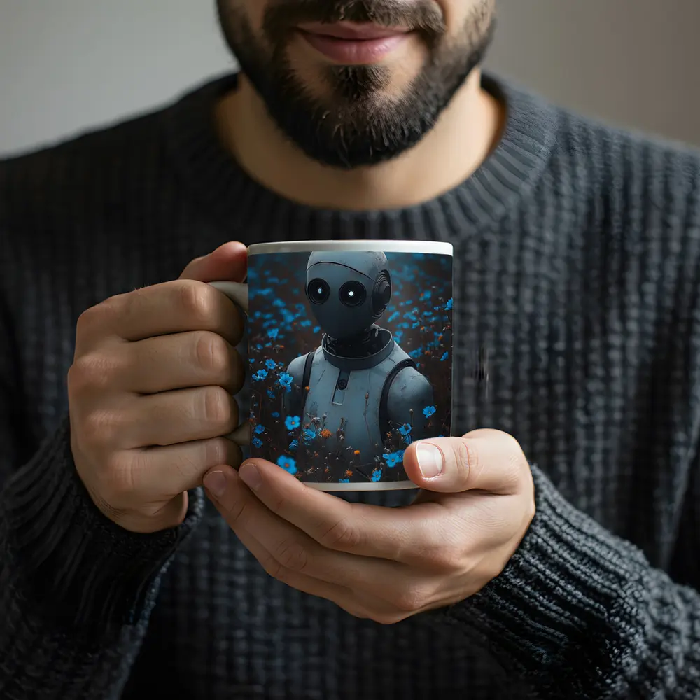 Lonely Robot Standing in Blue Flower Field – Mugs