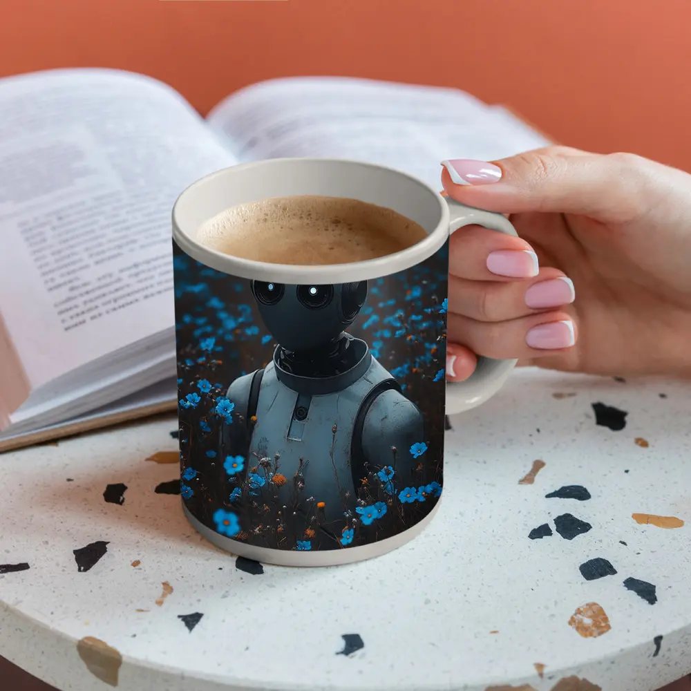 Lonely Robot Standing in Blue Flower Field – Mugs