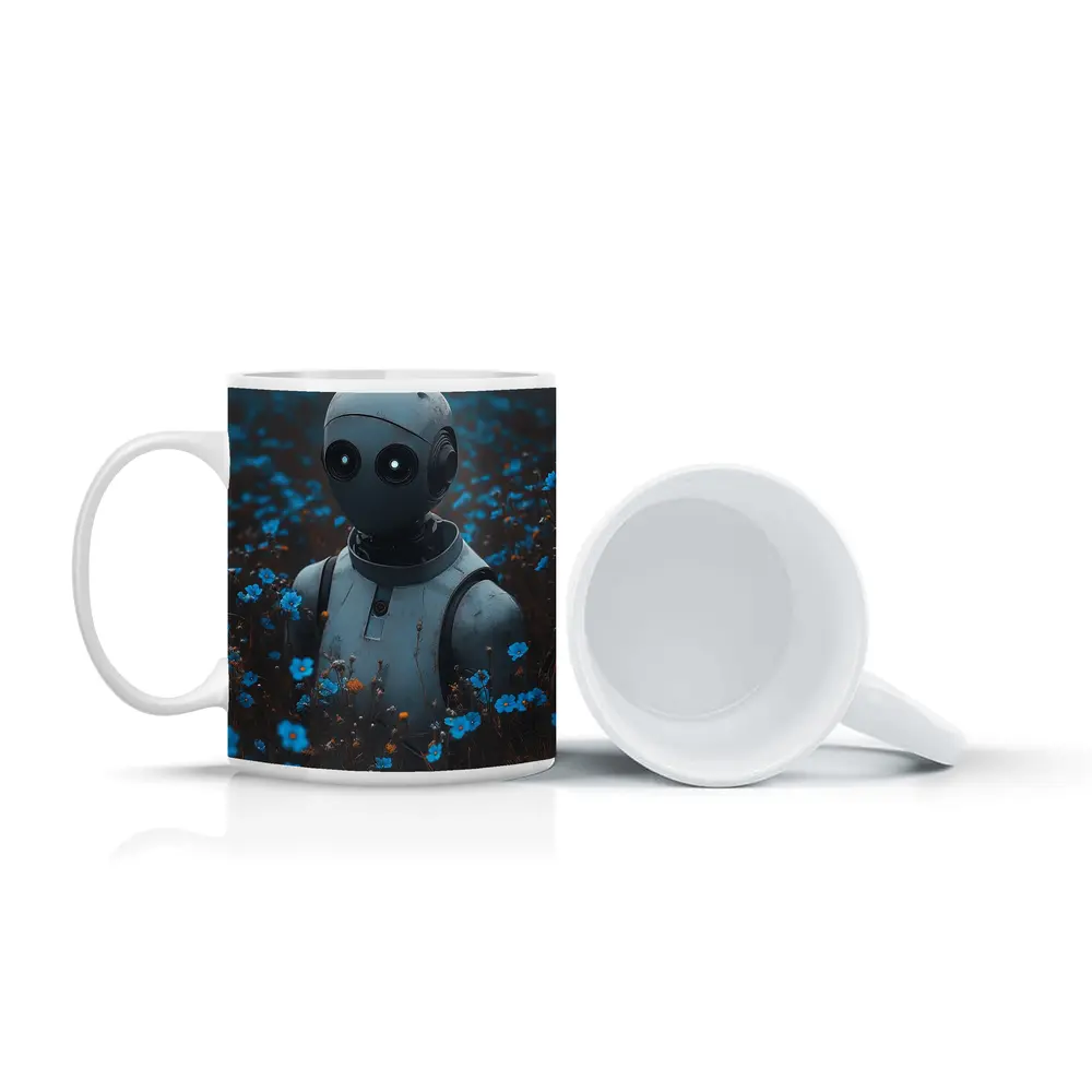 Lonely Robot Standing in Blue Flower Field – Mugs
