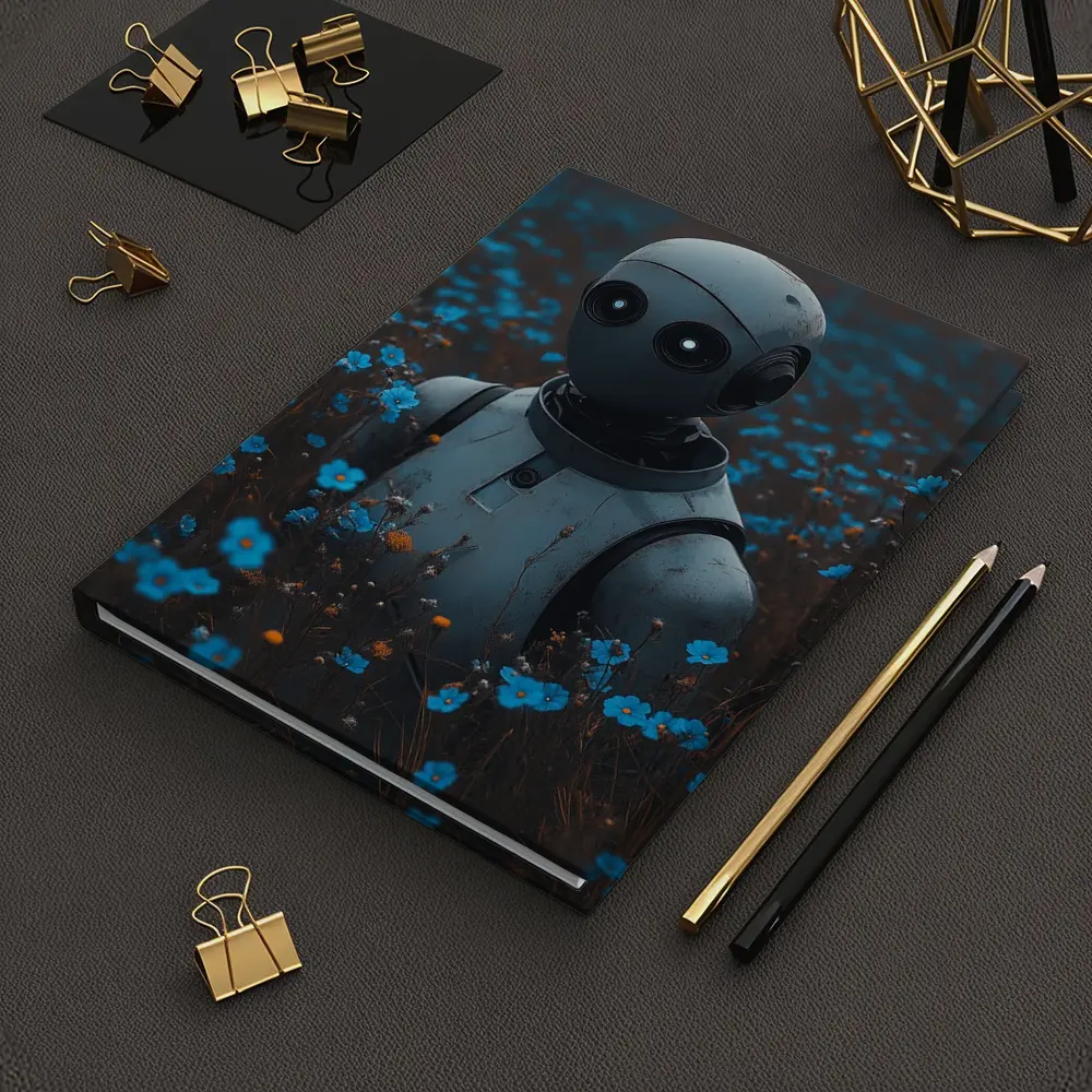 Lonely Robot Standing in Blue Flower Field – Notebooks