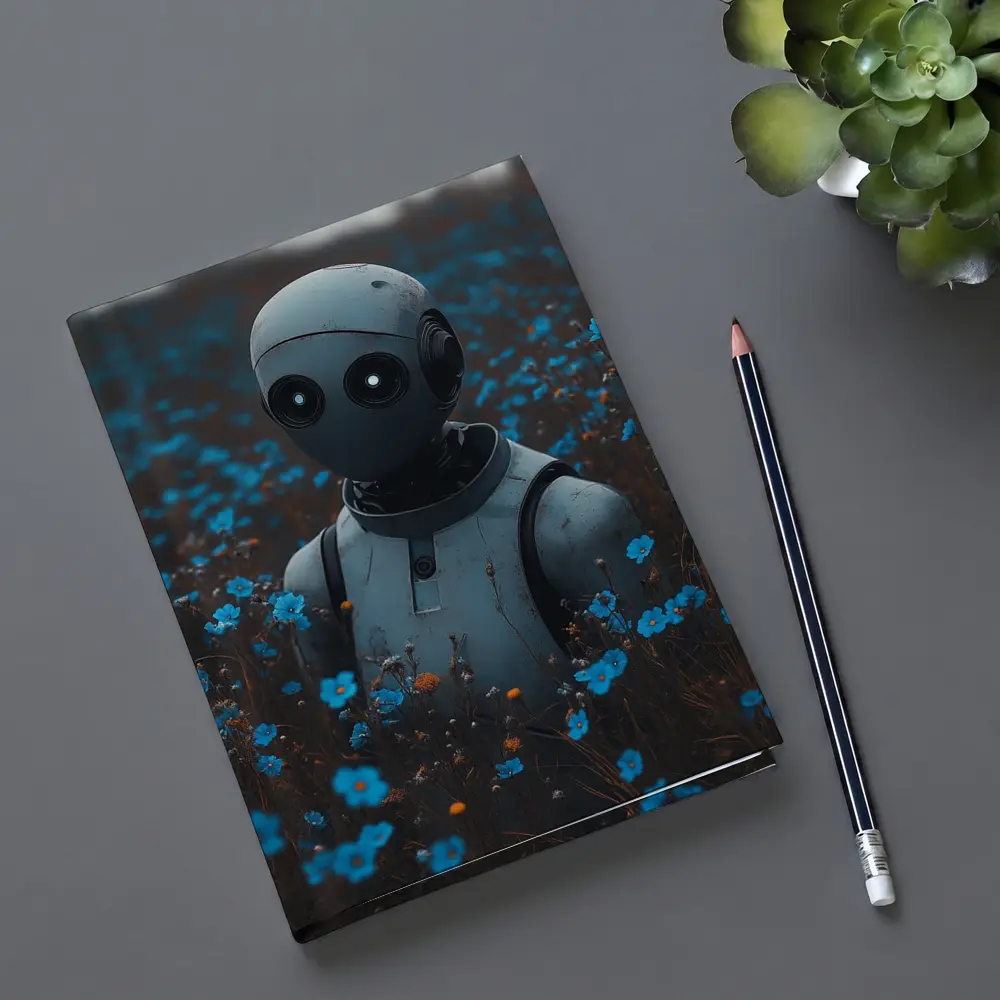 Lonely Robot Standing in Blue Flower Field – Notebooks