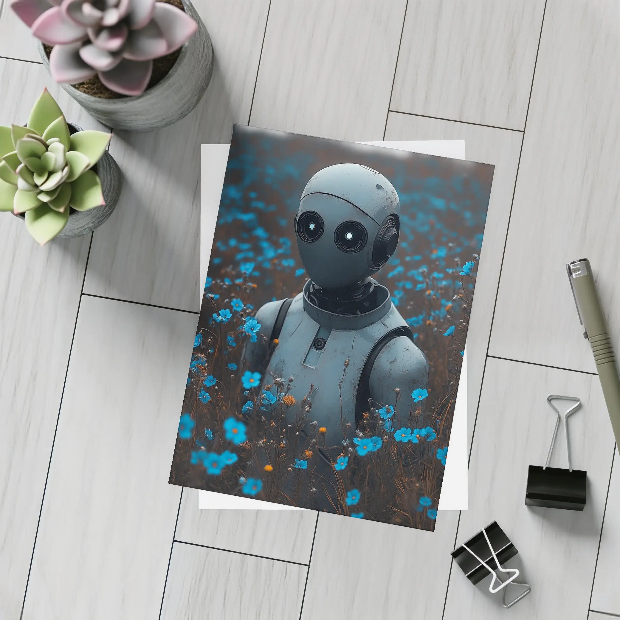 Lonely Robot Standing in Blue Flower Field – Postcards