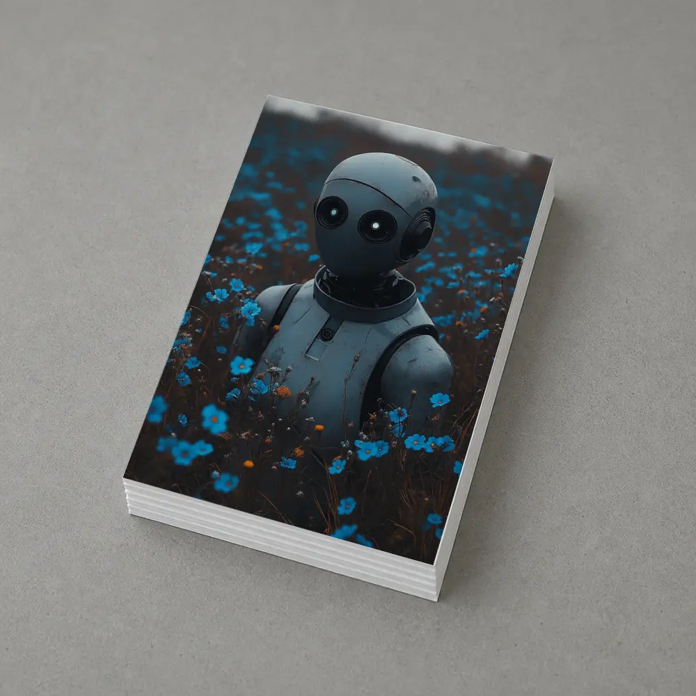 Lonely Robot Standing in Blue Flower Field – Postcards