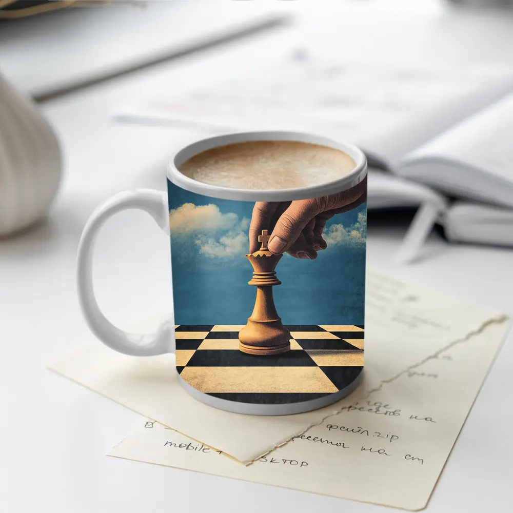 Hand Moving King Chess Piece Blue Sky – Mugs
