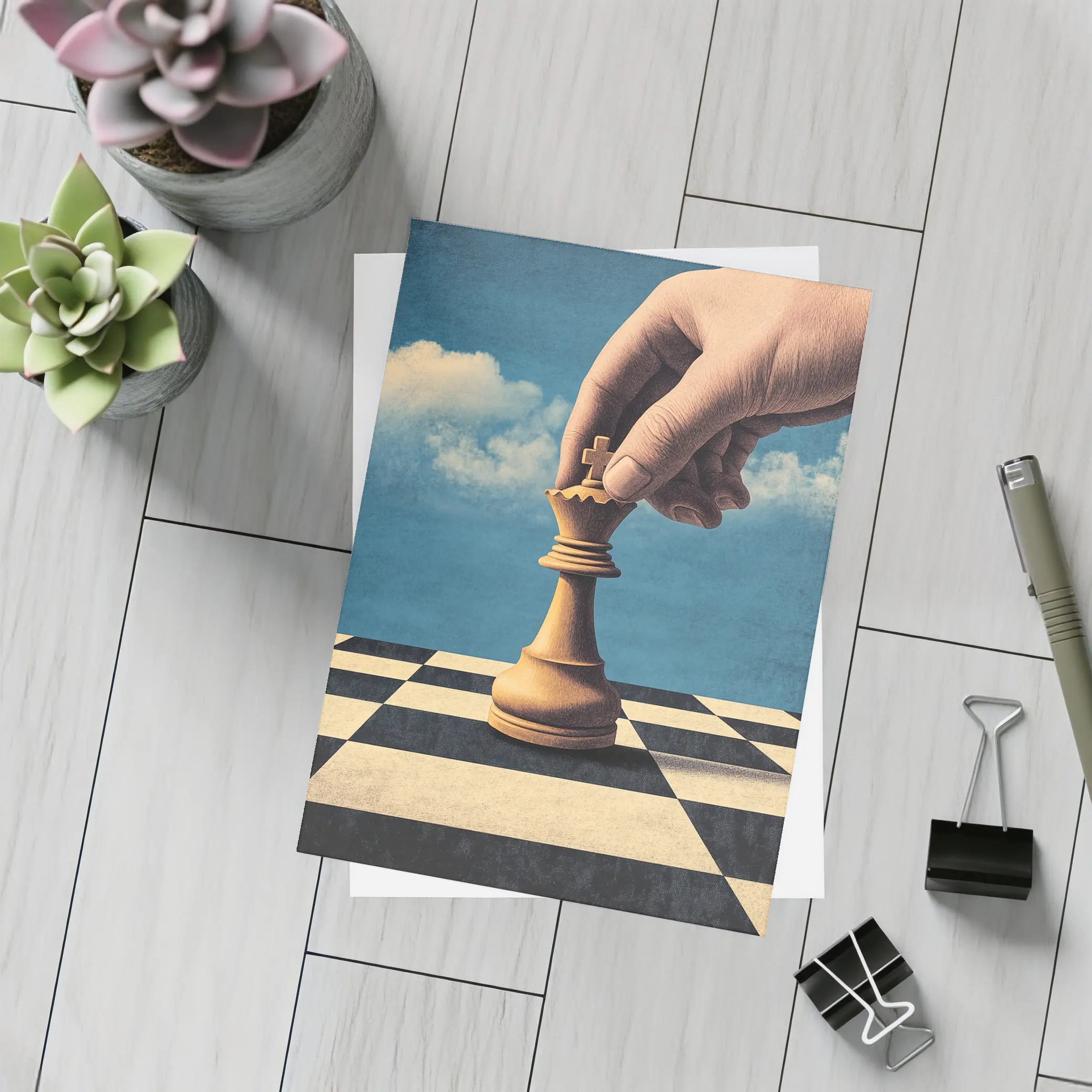 Hand Moving King Chess Piece Blue Sky – Postcards