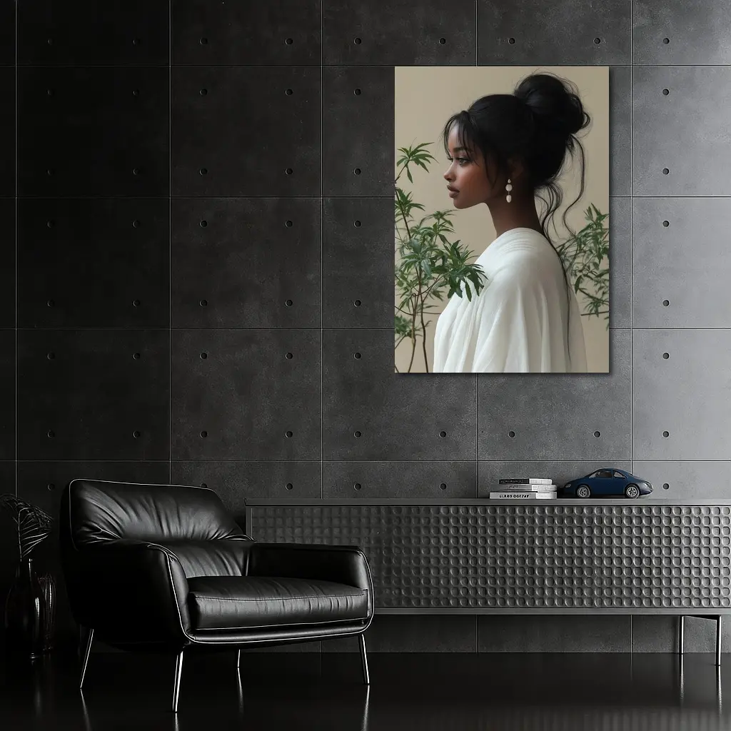 Elegant Woman Portrait Green Plants Beige Background – Wall Art