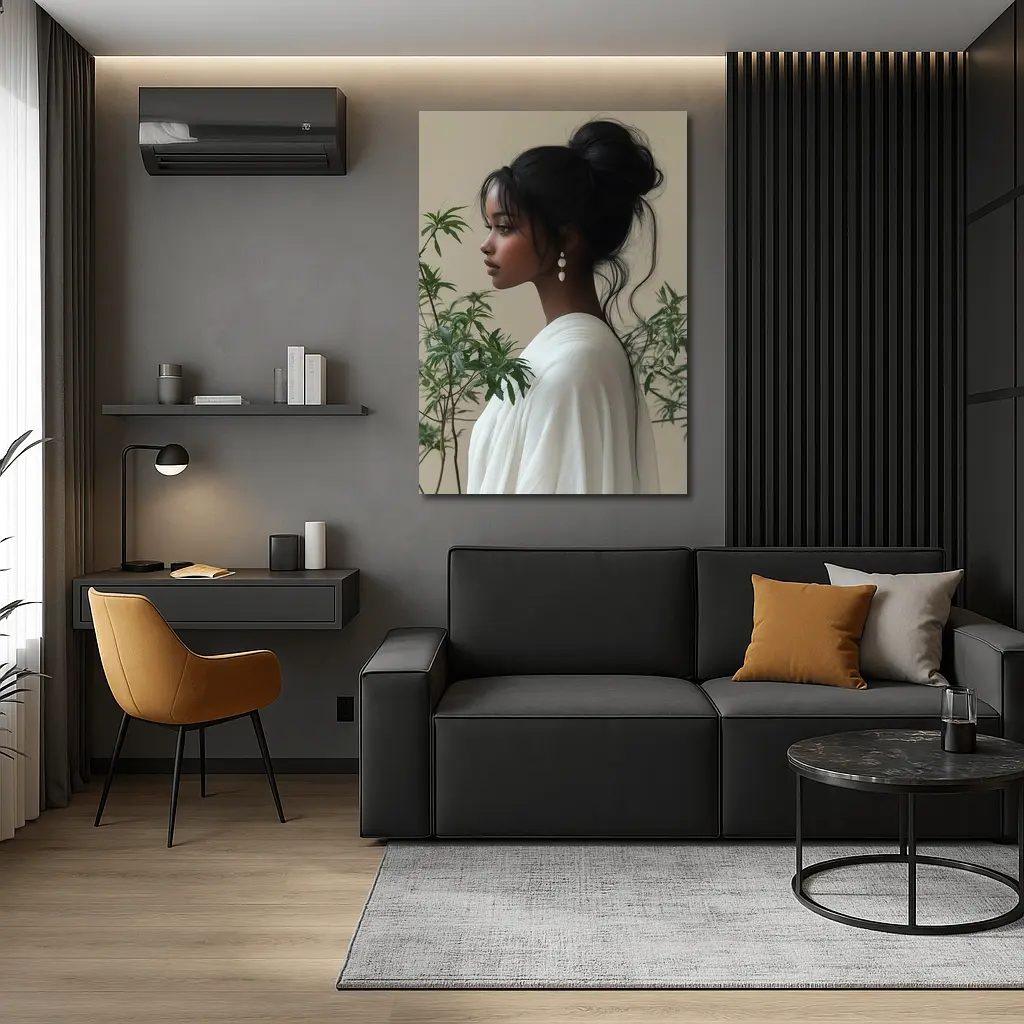 Elegant Woman Portrait Green Plants Beige Background – Wall Art