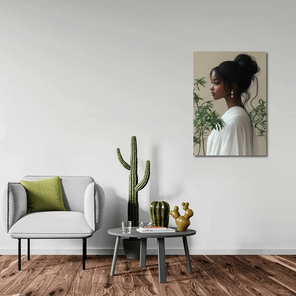 Elegant Woman Portrait Green Plants Beige Background – Wall Art