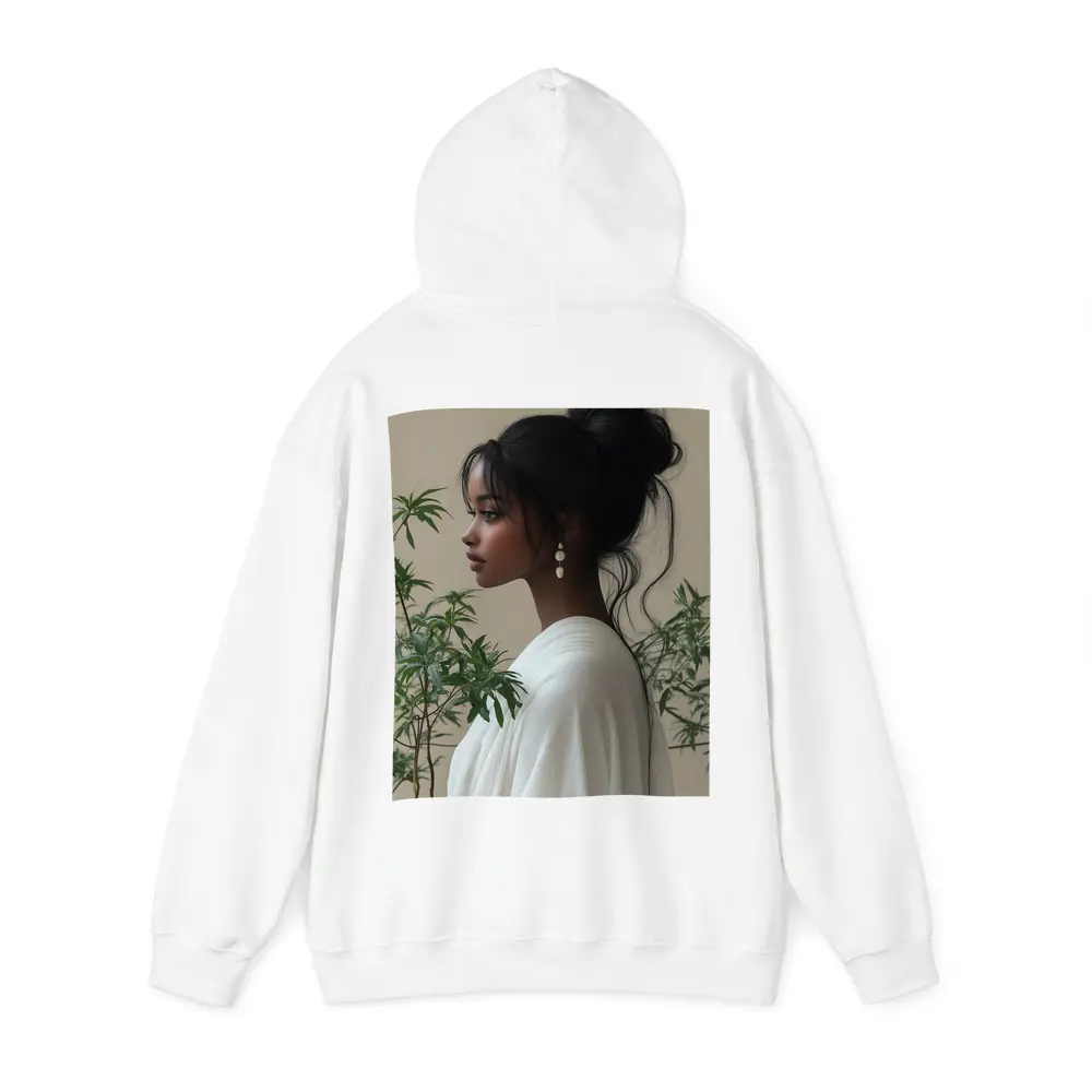 Elegant Woman Portrait Green Plants Beige Background – Hoodies