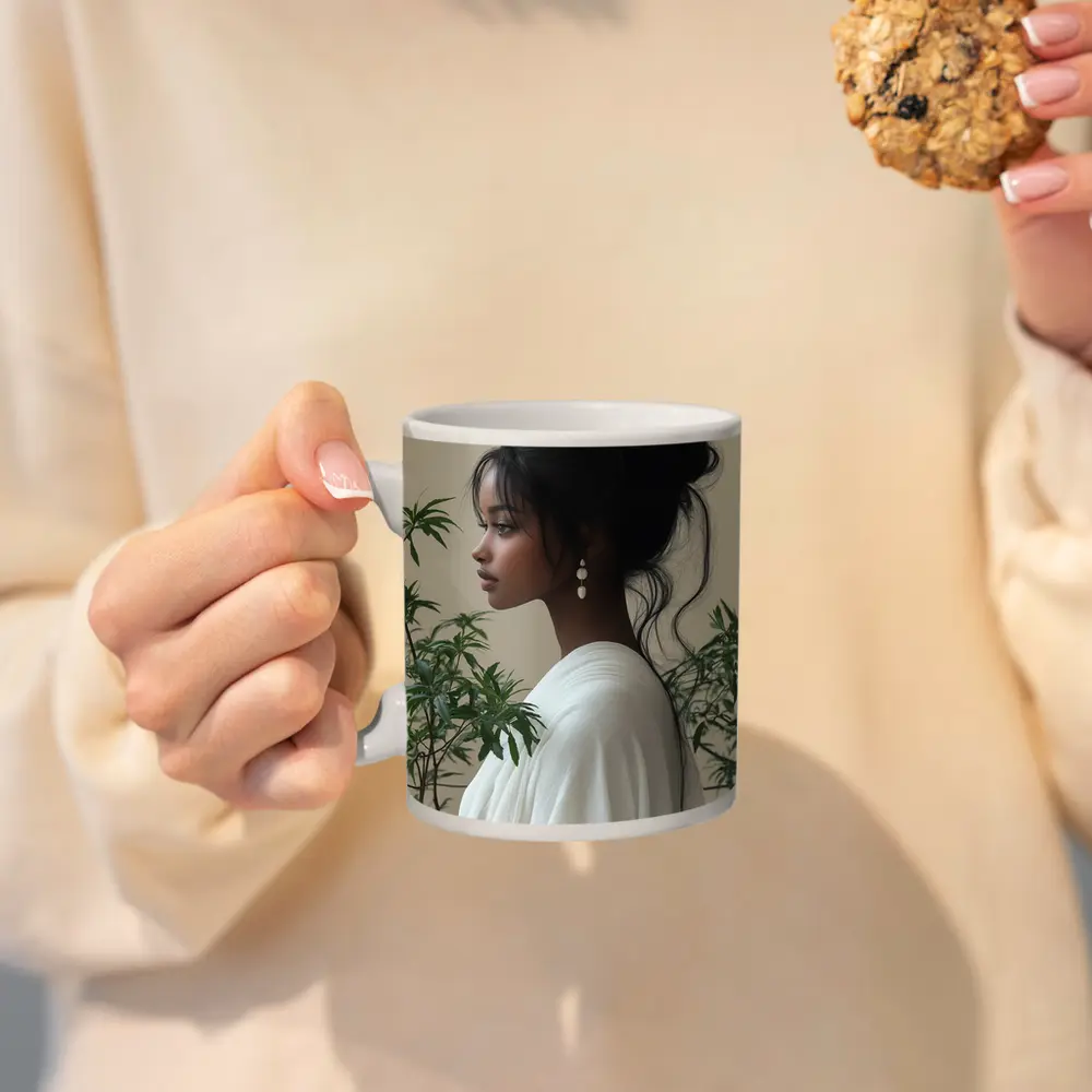 Elegant Woman Portrait Green Plants Beige Background – Mugs
