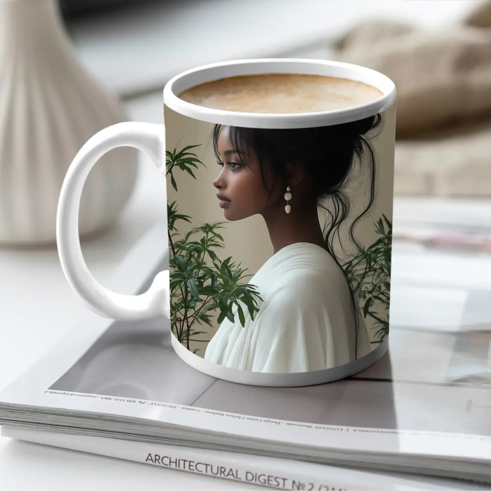 Elegant Woman Portrait Green Plants Beige Background – Mugs