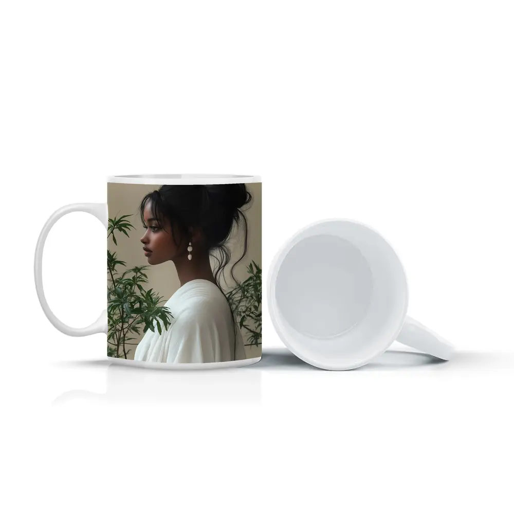 Elegant Woman Portrait Green Plants Beige Background – Mugs
