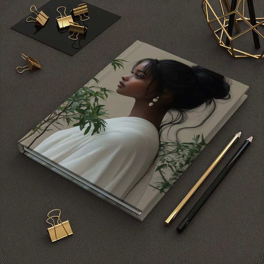 Elegant Woman Portrait Green Plants Beige Background – Notebooks