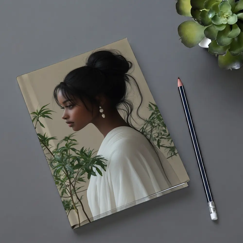 Elegant Woman Portrait Green Plants Beige Background – Notebooks