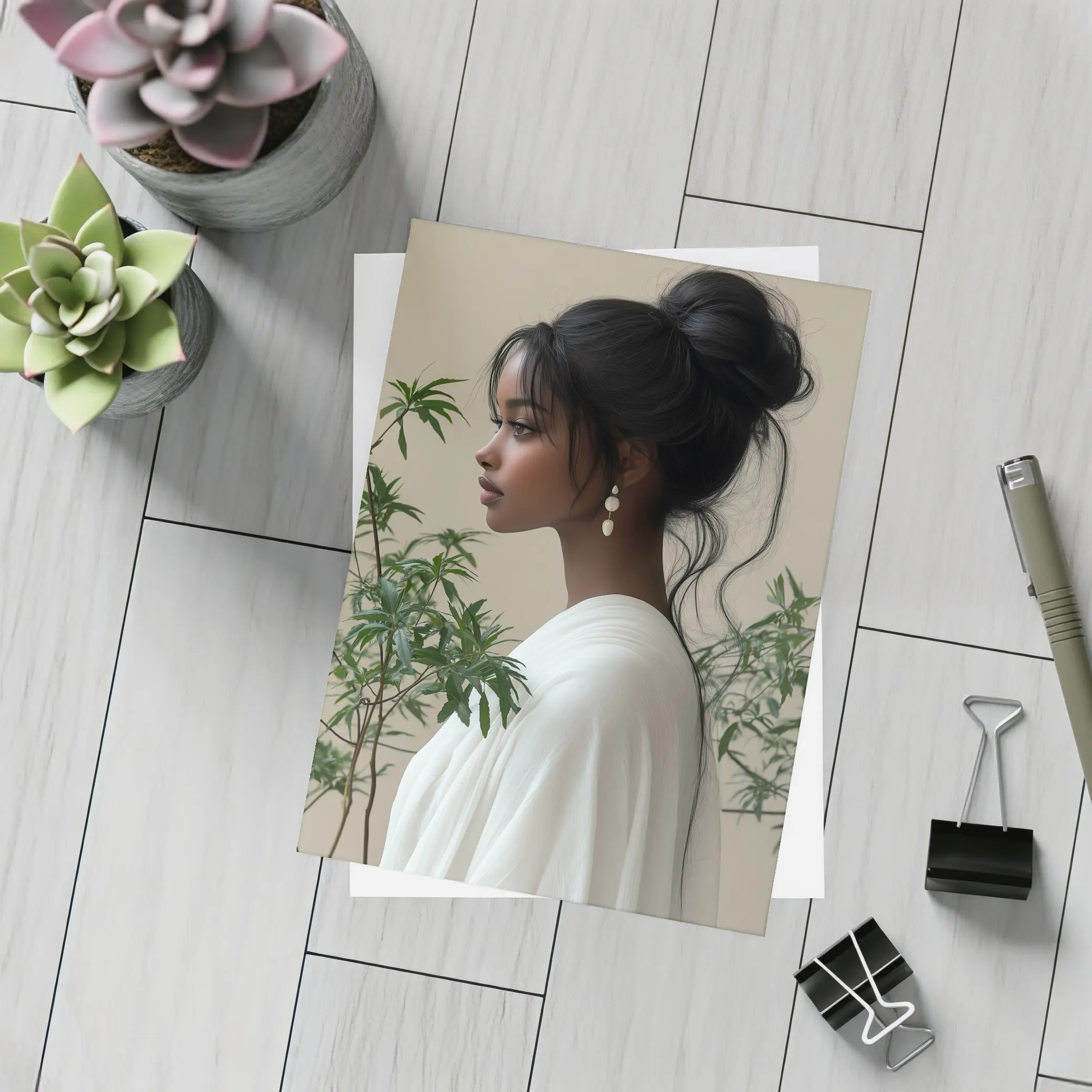 Elegant Woman Portrait Green Plants Beige Background – Postcards