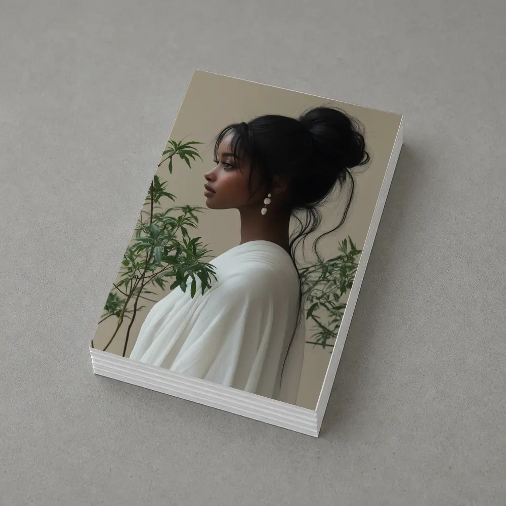Elegant Woman Portrait Green Plants Beige Background – Postcards
