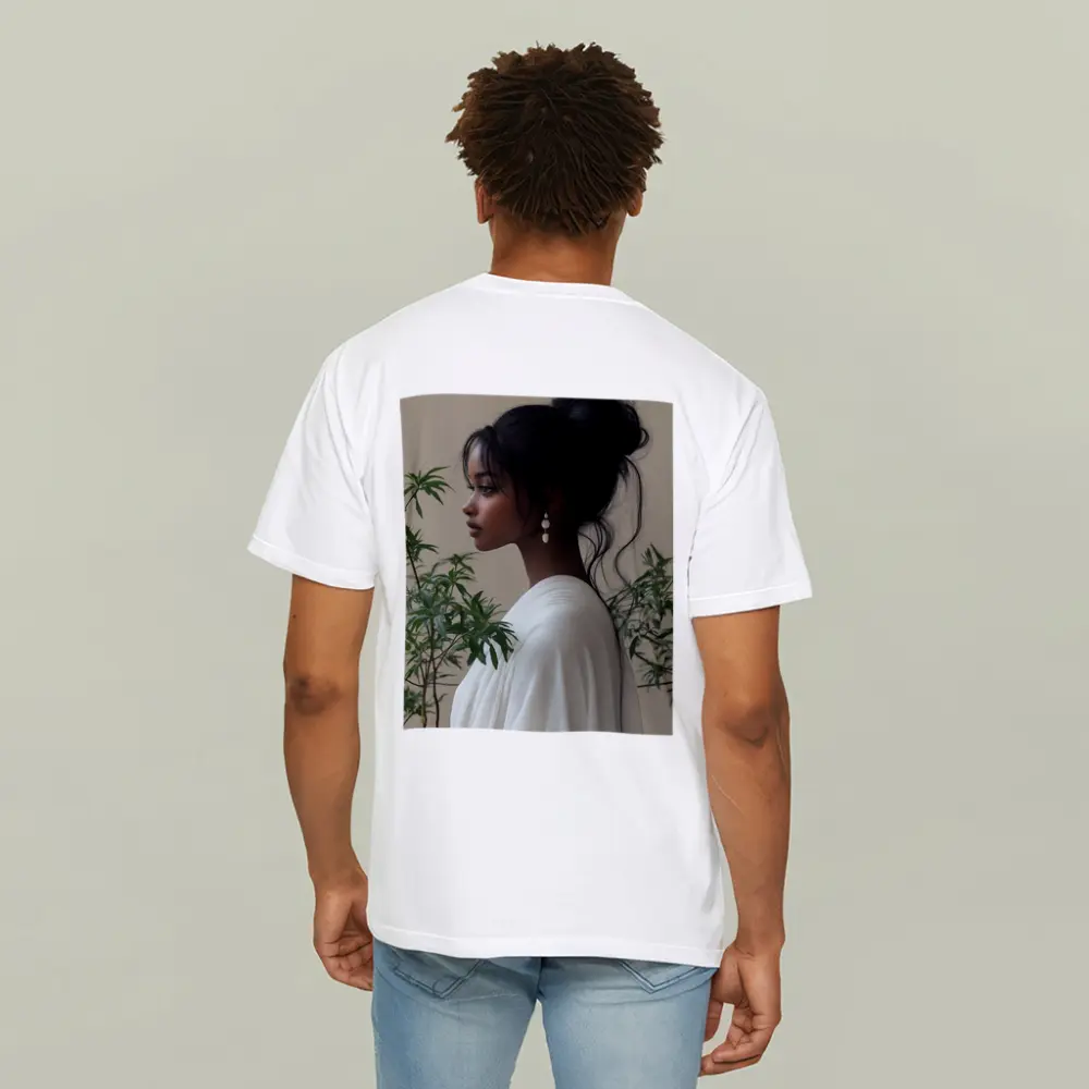 Elegant Woman Portrait Green Plants Beige Background – T-Shirts