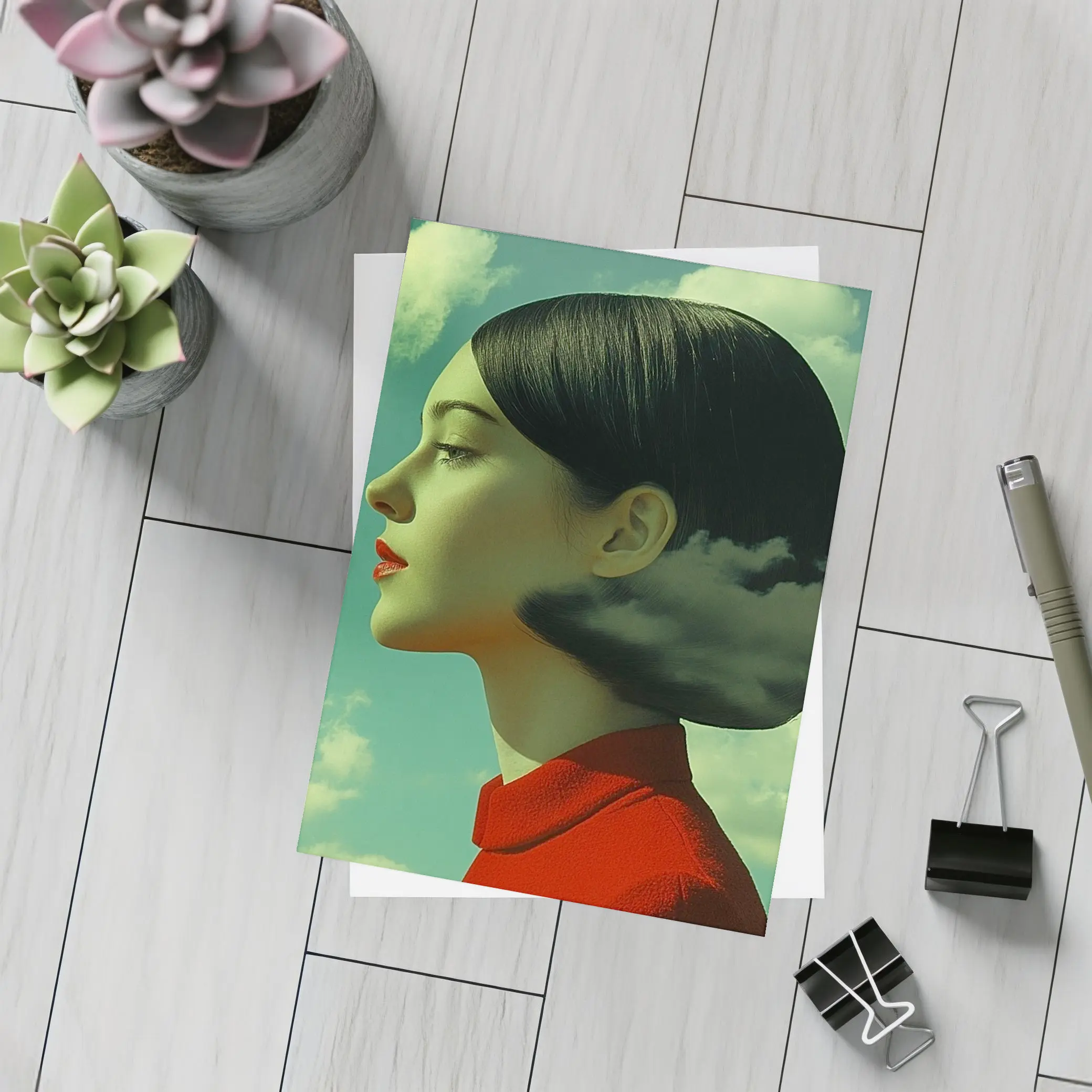 Woman Profile Surreal Sky Clouds Art – Postcards