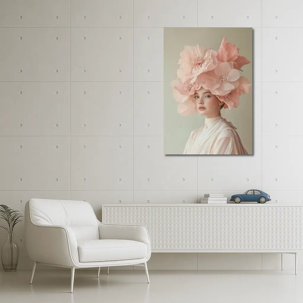 Woman With Pink Floral Headdress Soft Background – Wall Art