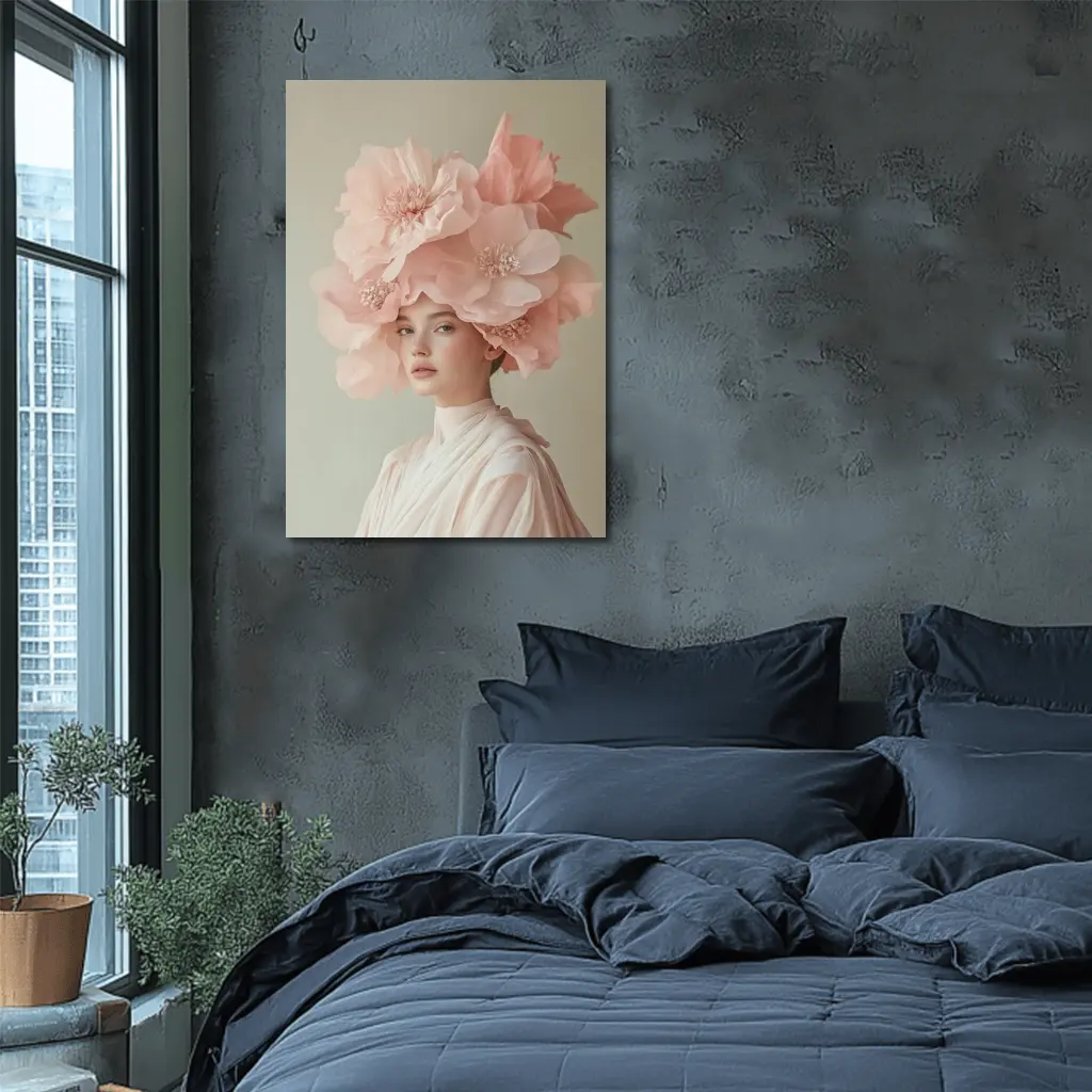 Woman With Pink Floral Headdress Soft Background – Wall Art