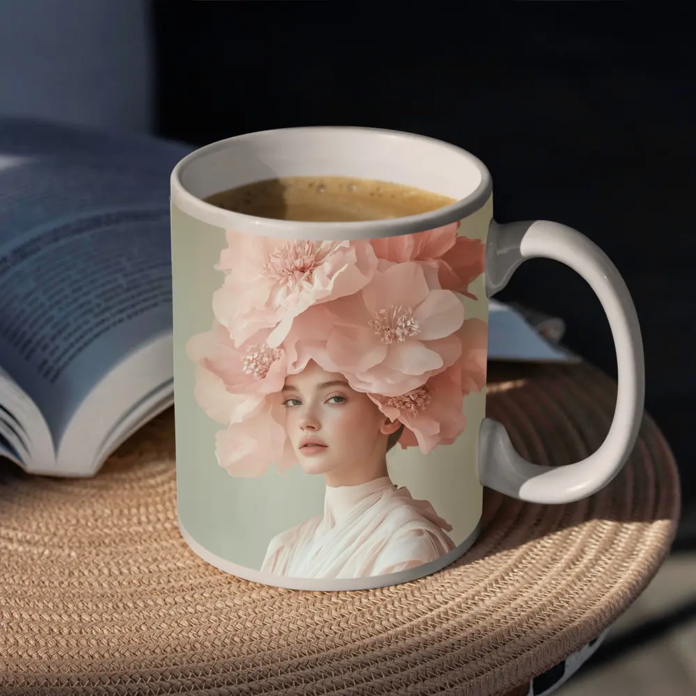 Woman With Pink Floral Headdress Soft Background – Mugs