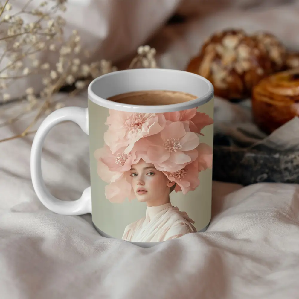 Woman With Pink Floral Headdress Soft Background – Mugs