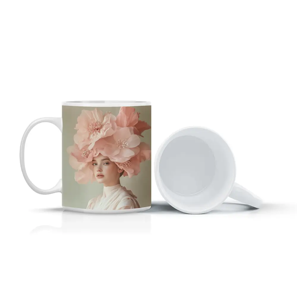 Woman With Pink Floral Headdress Soft Background – Mugs