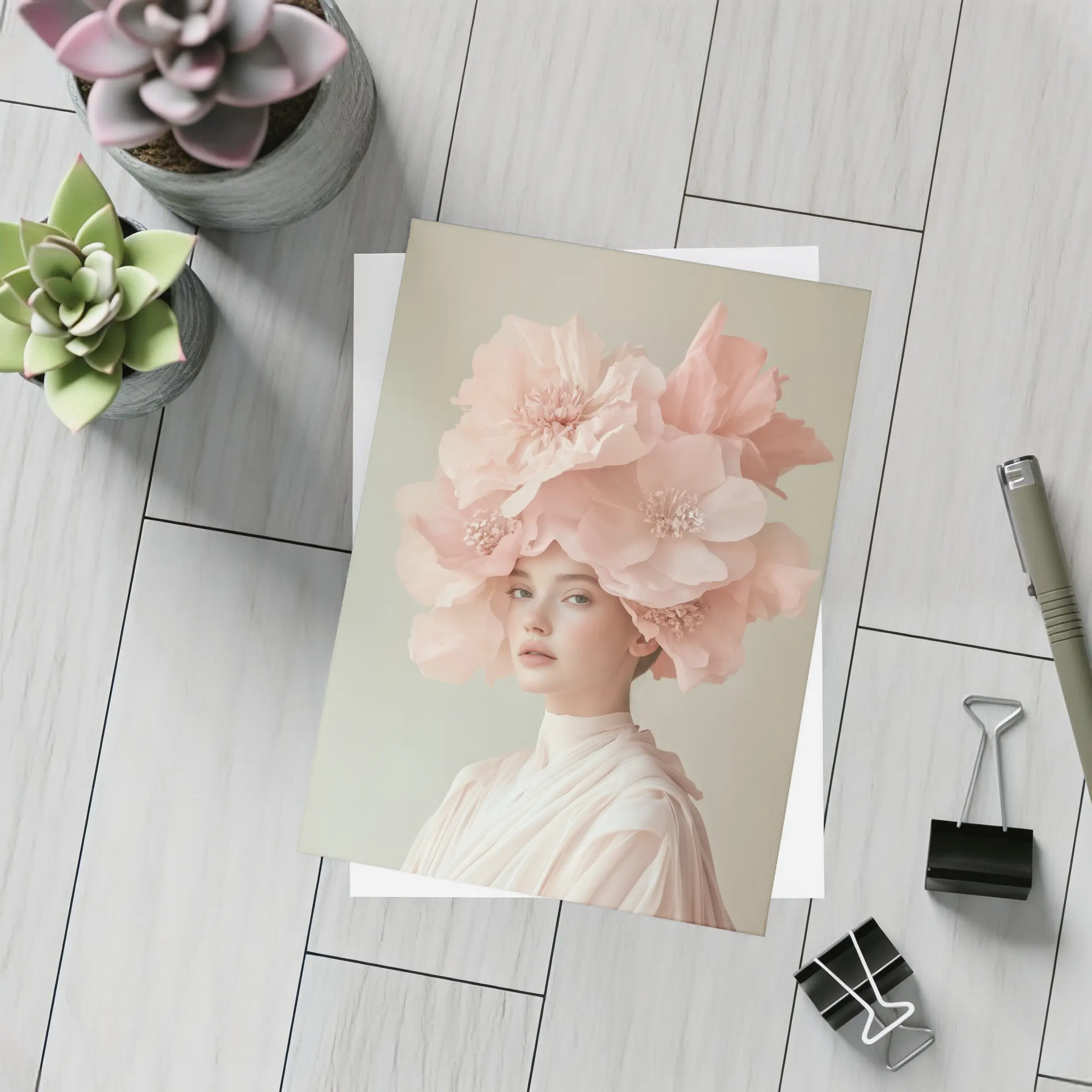 Woman With Pink Floral Headdress Soft Background – Postcards
