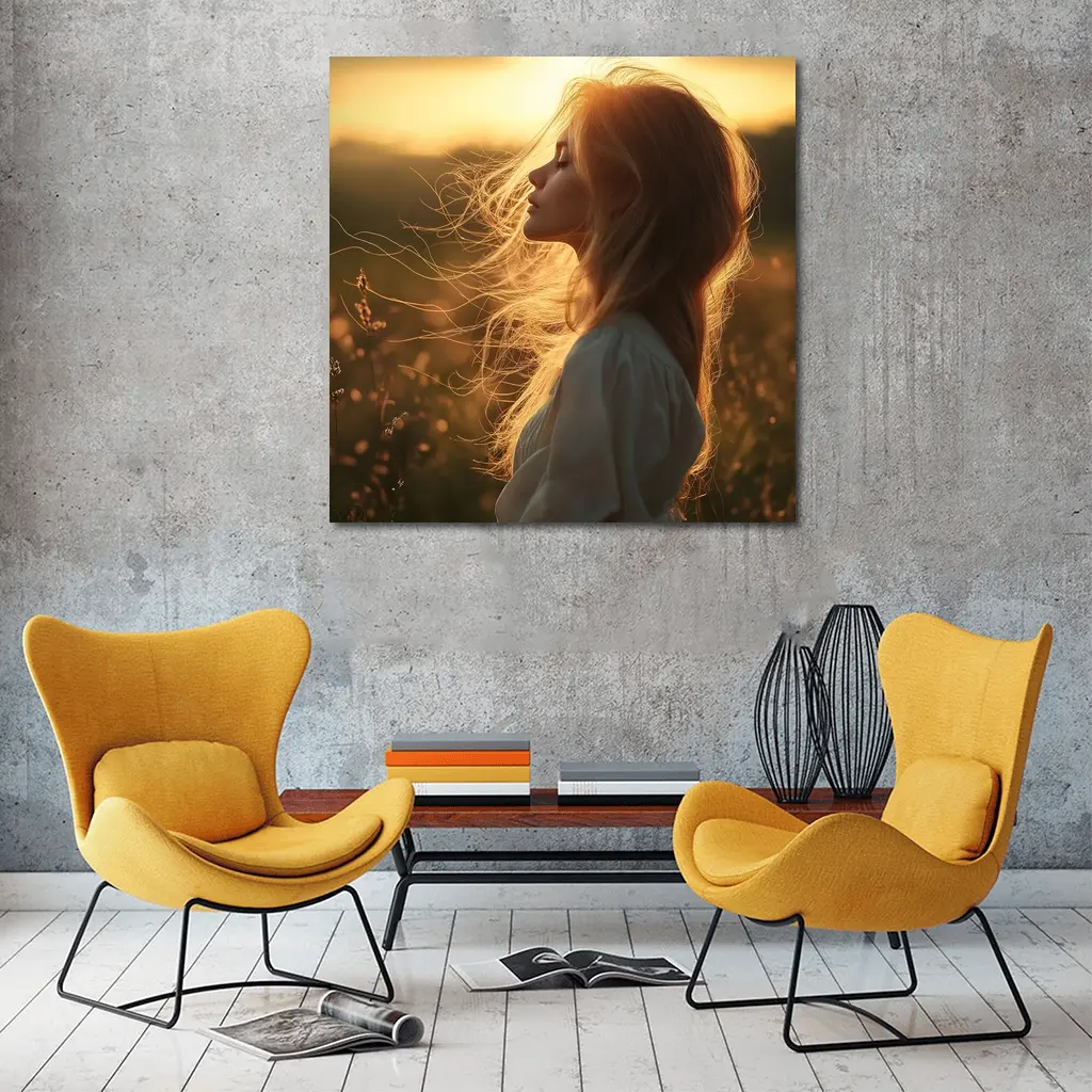 Red Hair Woman Golden Sunset Field – Wall Art