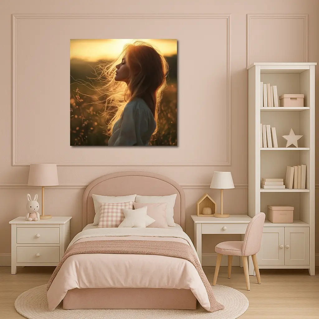Red Hair Woman Golden Sunset Field – Wall Art