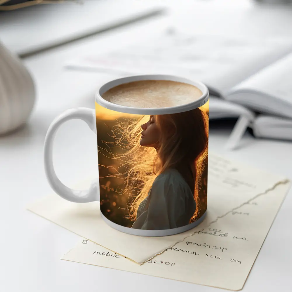 Red Hair Woman Golden Sunset Field – Mugs