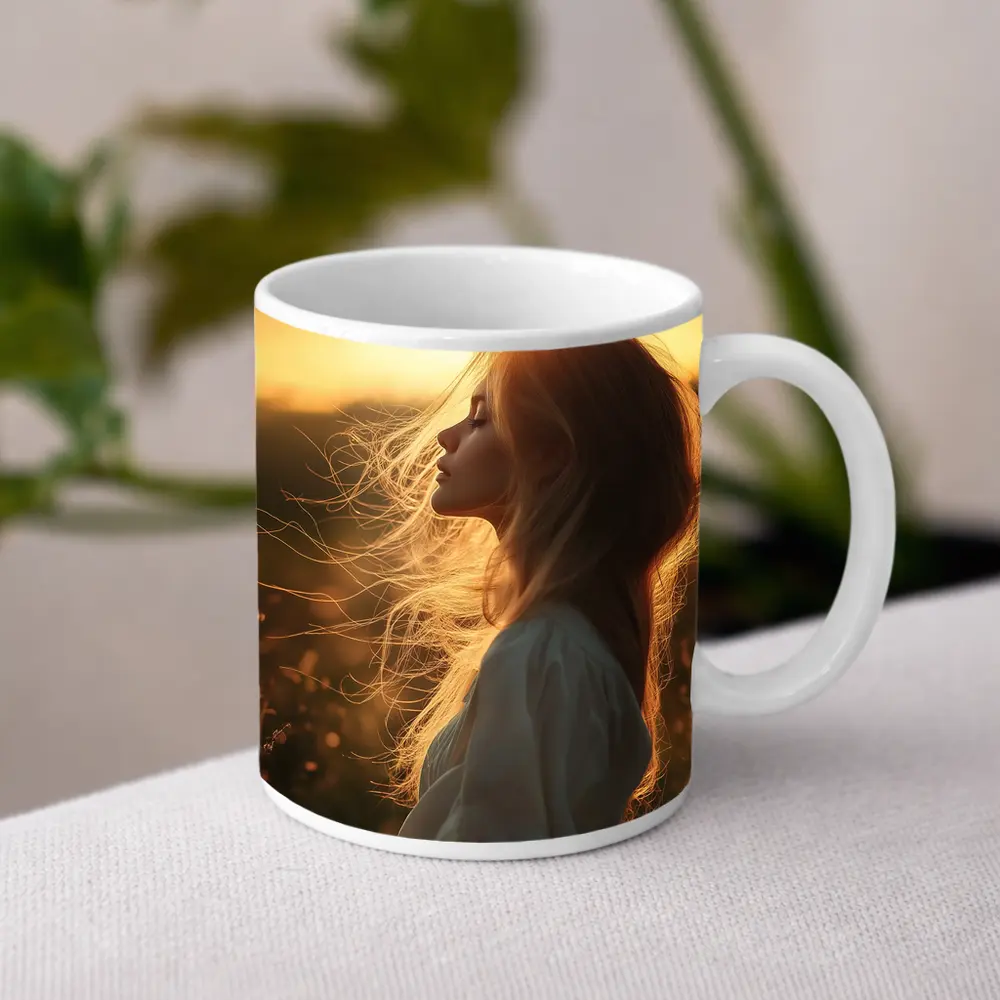 Red Hair Woman Golden Sunset Field – Mugs