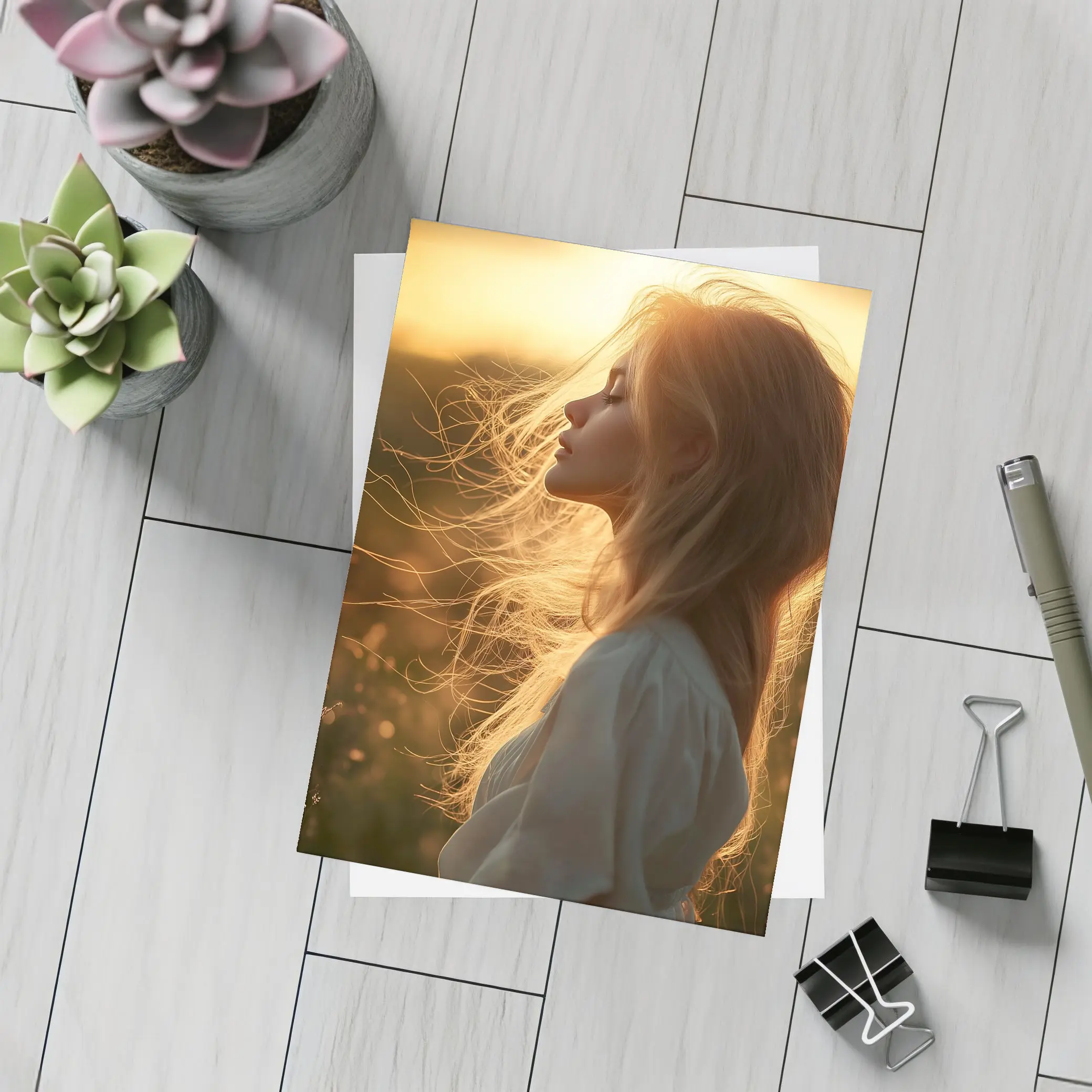 Red Hair Woman Golden Sunset Field – Postcards