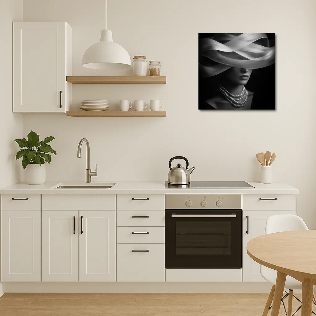 Elegant Woman Pearl Necklace Wide Hat Black – Wall Art