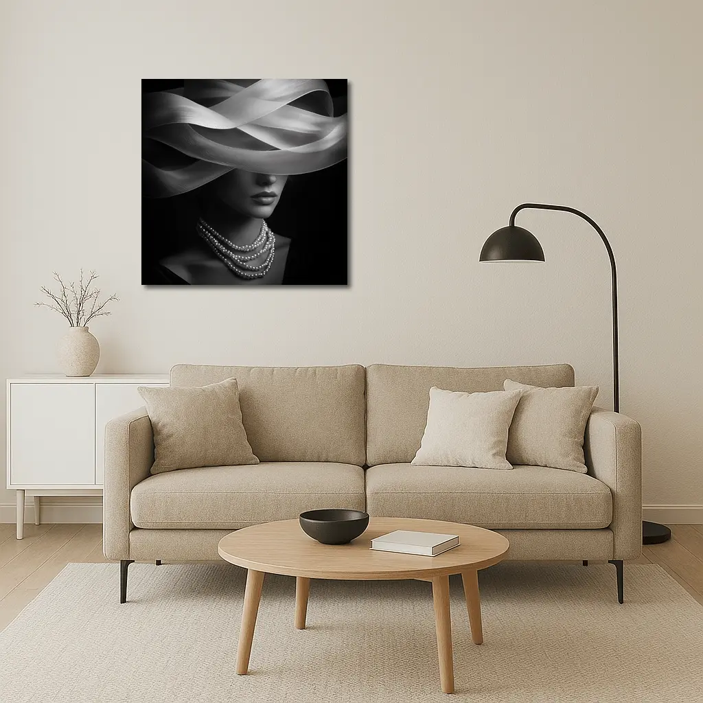 Elegant Woman Pearl Necklace Wide Hat Black – Wall Art