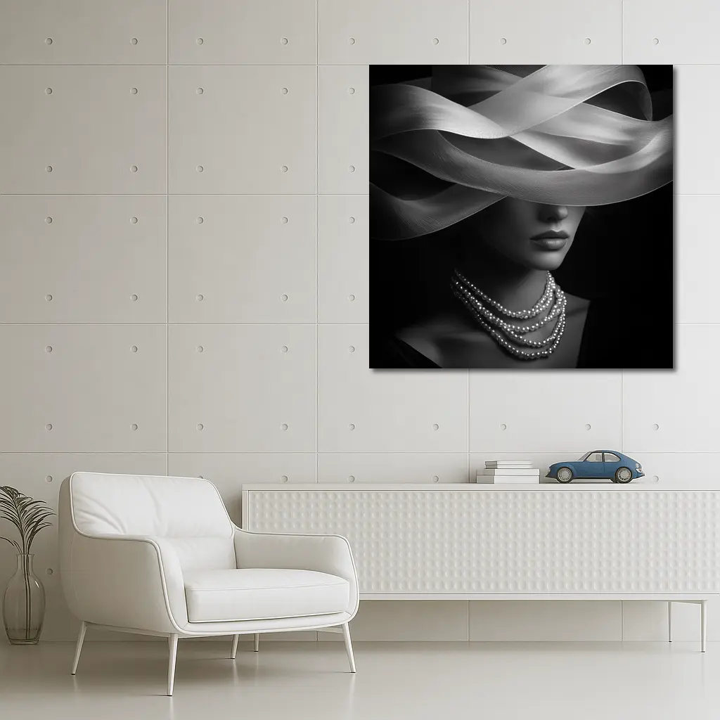 Elegant Woman Pearl Necklace Wide Hat Black – Wall Art